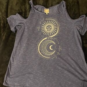 Women's Cold Shoulder Top in Blue with Sun and Moon Design
